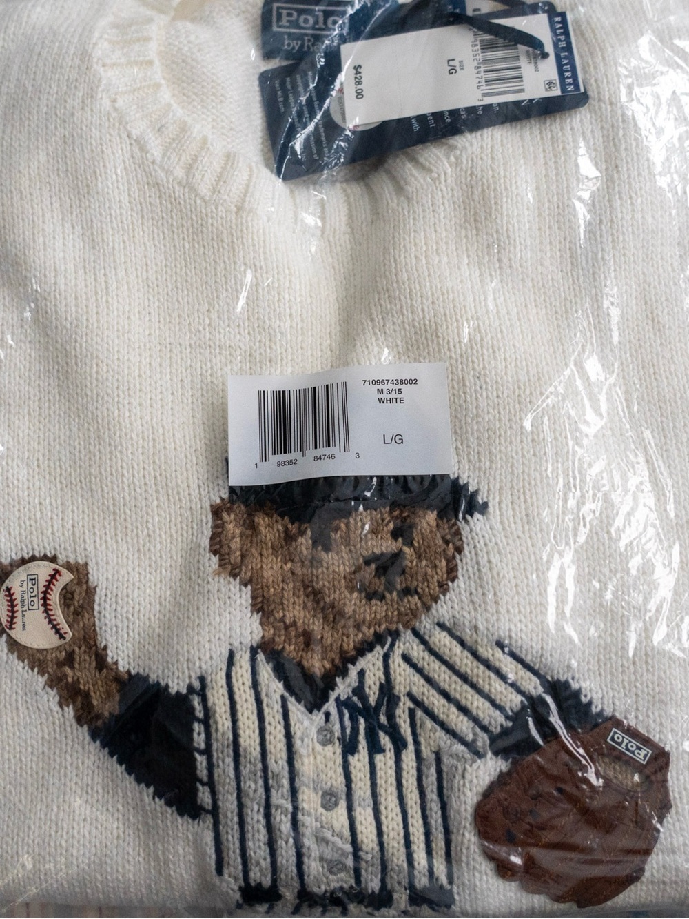 Polo by Ralph Lauren Men's White Bear Baseball Crewneck Sweater - L/G